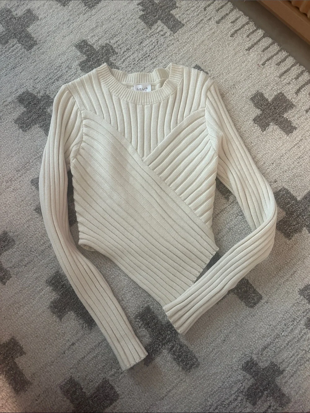 Cream Ribbed Knit Sweater - Ladies Long Sleeve Crewneck